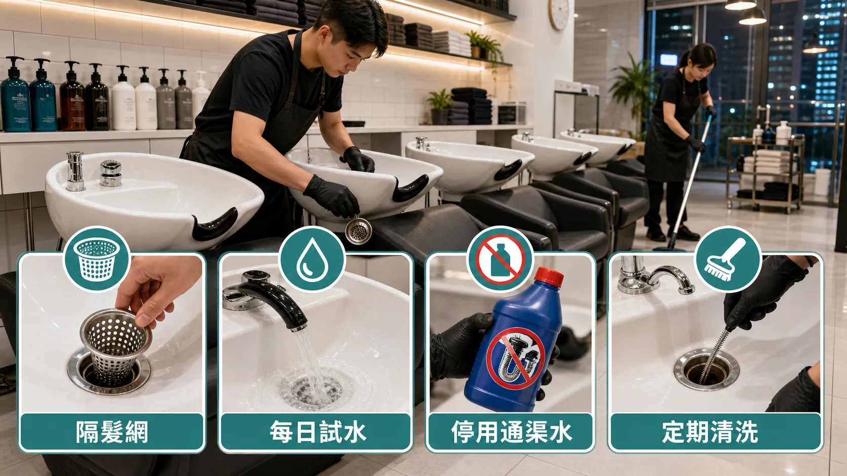 髮型屋洗頭盆去水保養四步：隔髮網、每日試水、停用通渠水、定期清洗