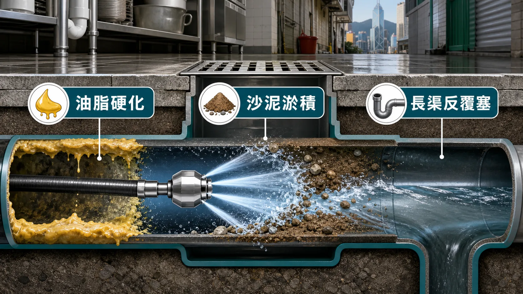 高壓通渠適合油脂硬化、沙泥淤積和長渠反覆塞等情況