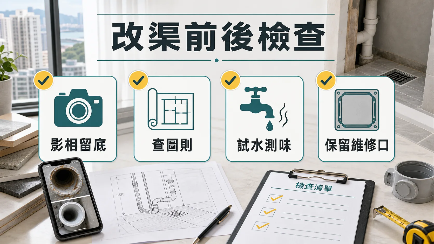 裝修改渠檢查清單包括影相、查圖則、試水、保留維修口和記錄改動