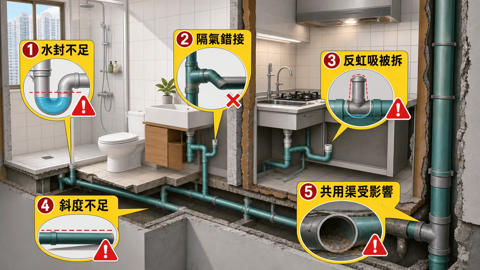 裝修改渠常見風險包括水封不足、隔氣錯接、反虹吸被拆、去水斜度不足和共用渠受影響