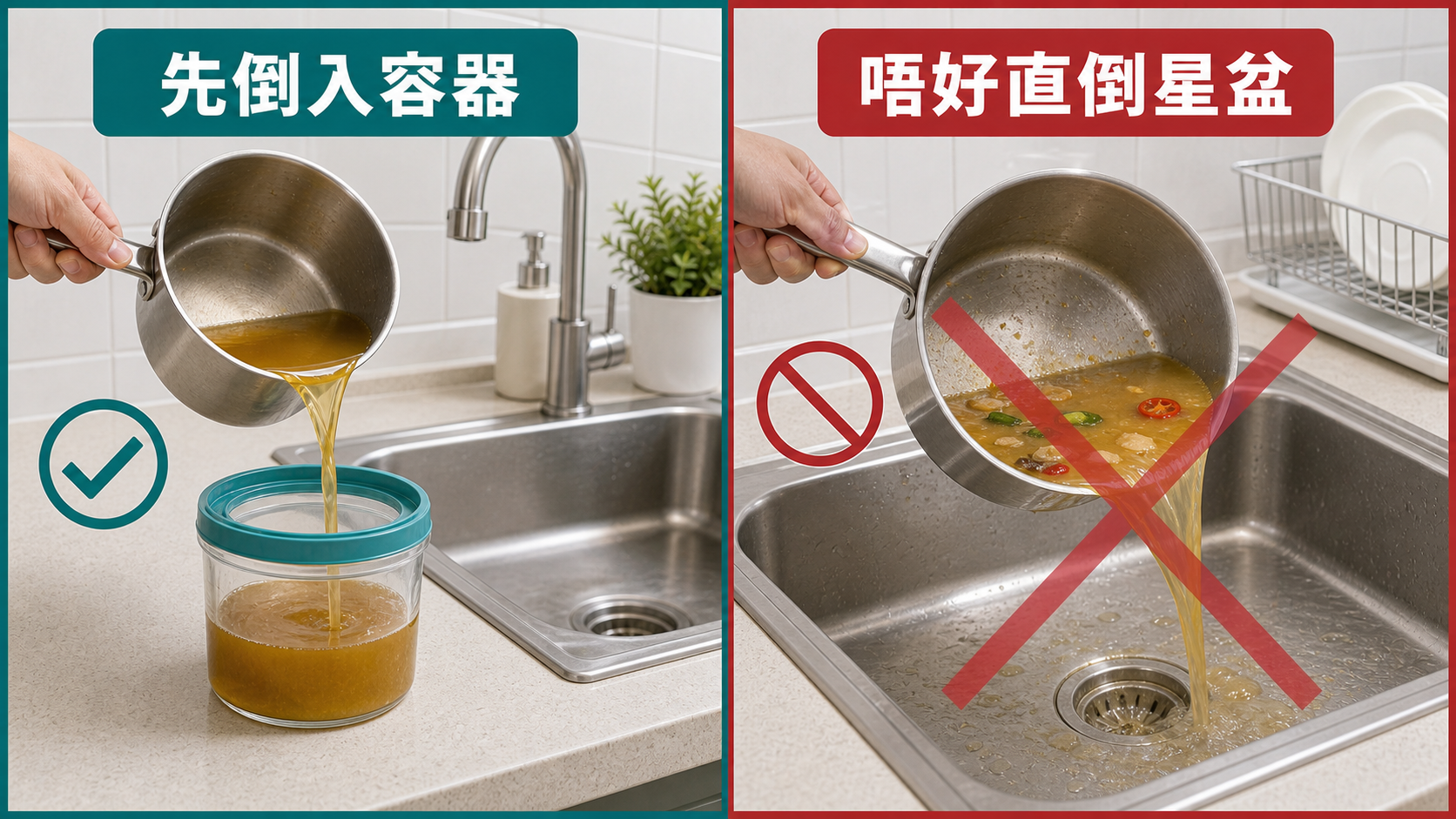 處理廚房油污：先倒入容器，唔好直倒星盆