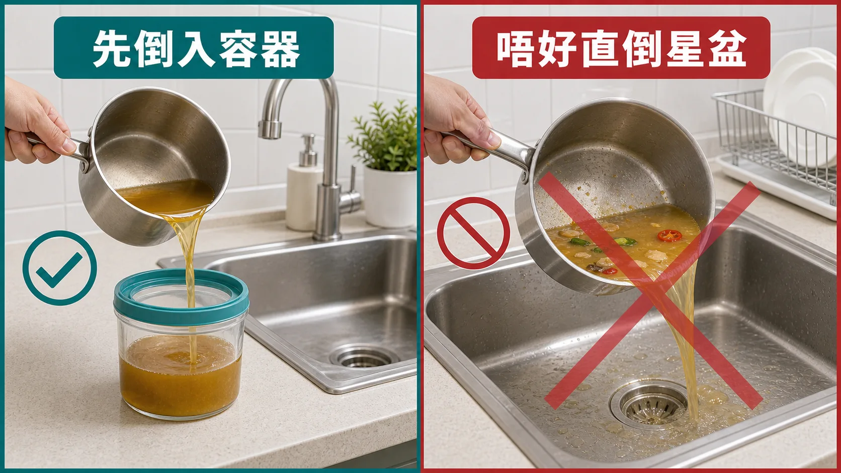 處理廚房油污:先倒入容器,唔好直倒星盆