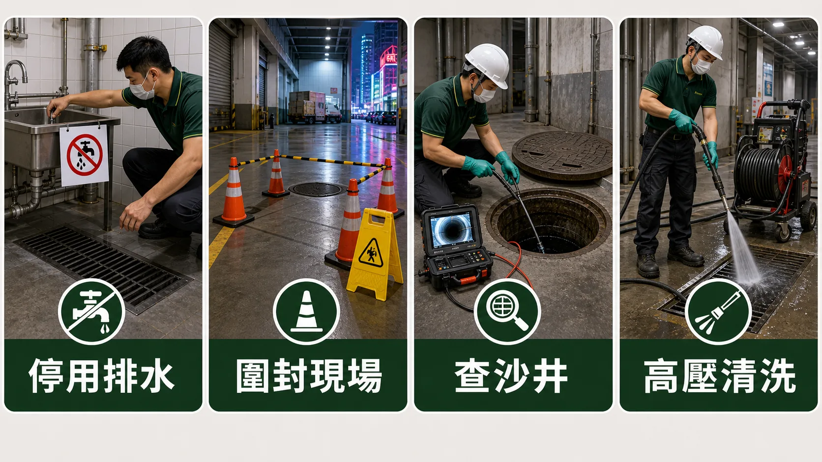 觀塘工廈渠塞處理流程:停用排水、圍封現場、查沙井、高壓清洗