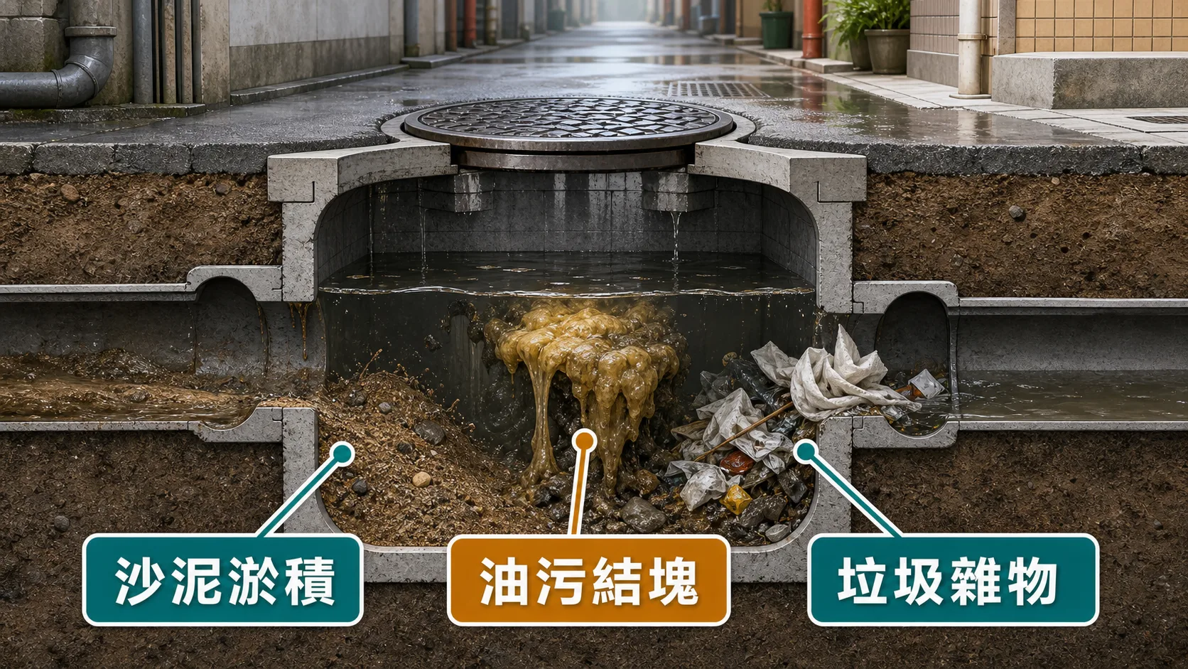 沙井塞常見原因：沙泥淤積、油污結塊、垃圾雜物
