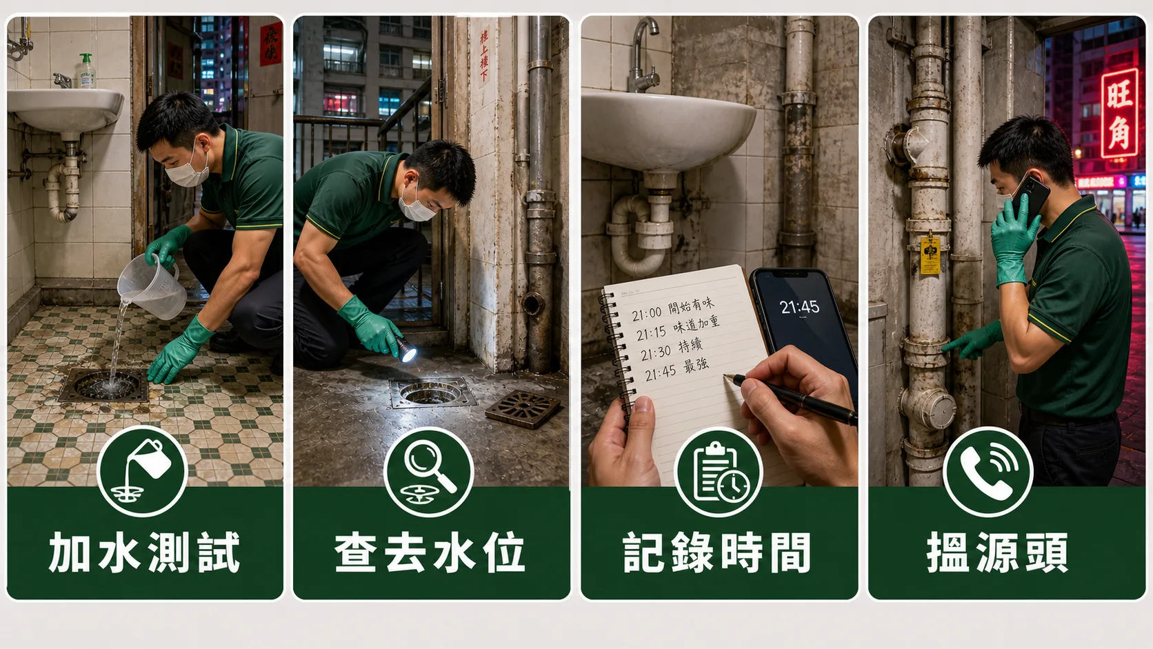 旺角唐樓渠味檢查流程:加水測試、查去水位、記錄時間、搵源頭