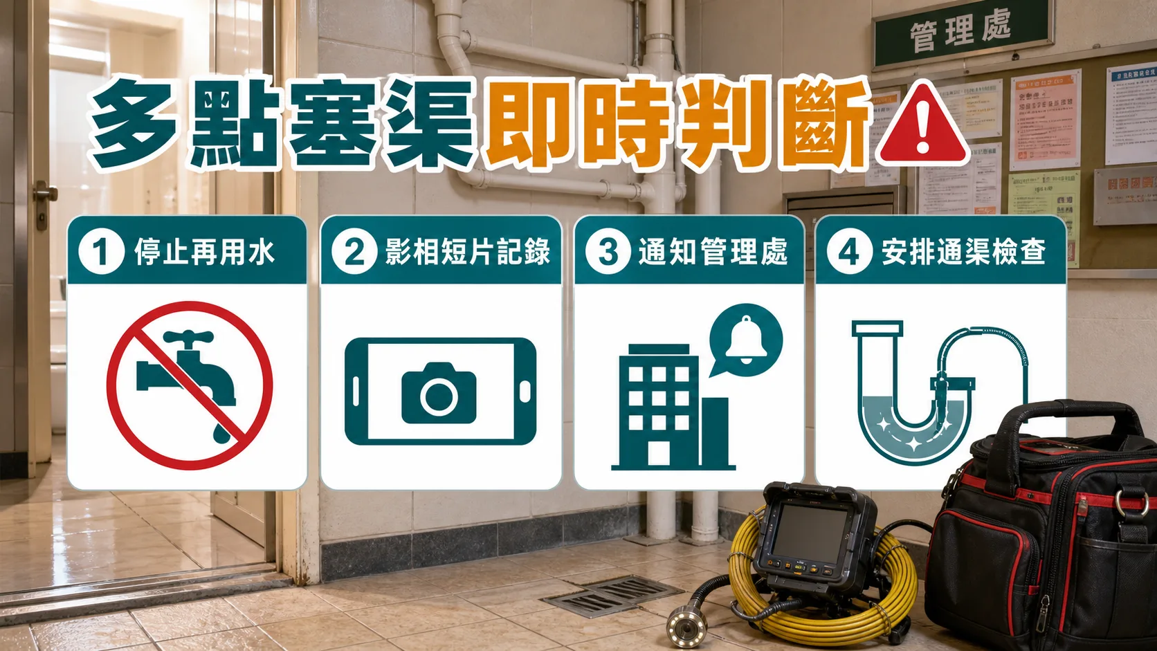 多點塞渠即時判斷包括停止再用水、影相短片記錄、通知管理處、安排通渠檢查