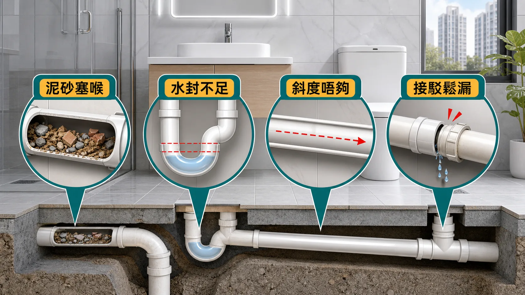 新樓渠管問題四個常見原因：泥砂塞喉、水封不足、斜度唔夠、接駁鬆漏
