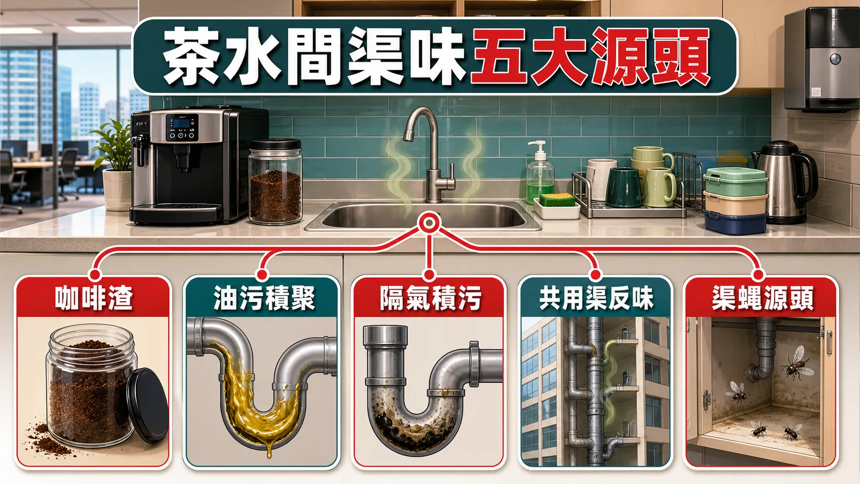寫字樓茶水間星盆渠味常見原因包括咖啡渣、油污、隔氣積污、共用渠反味和渠蠅源頭