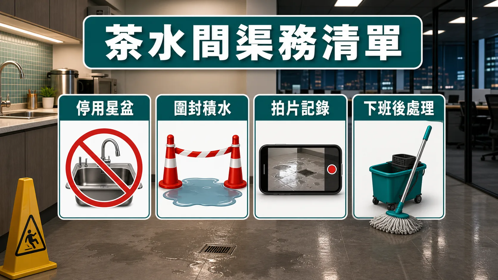辦公室茶水間渠務清單包括停用星盆、圍封積水、拍片記錄和下班後處理