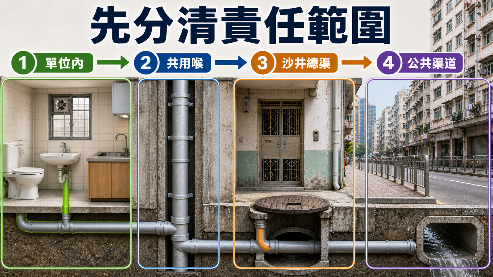 舊樓渠務責任範圍：單位內、共用喉、沙井總渠、公共渠道