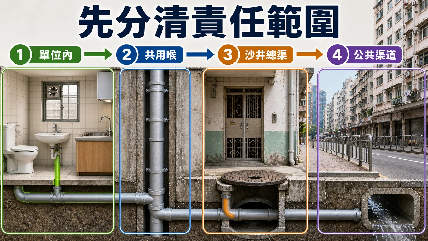 舊樓渠務責任範圍：單位內、共用喉、沙井總渠、公共渠道