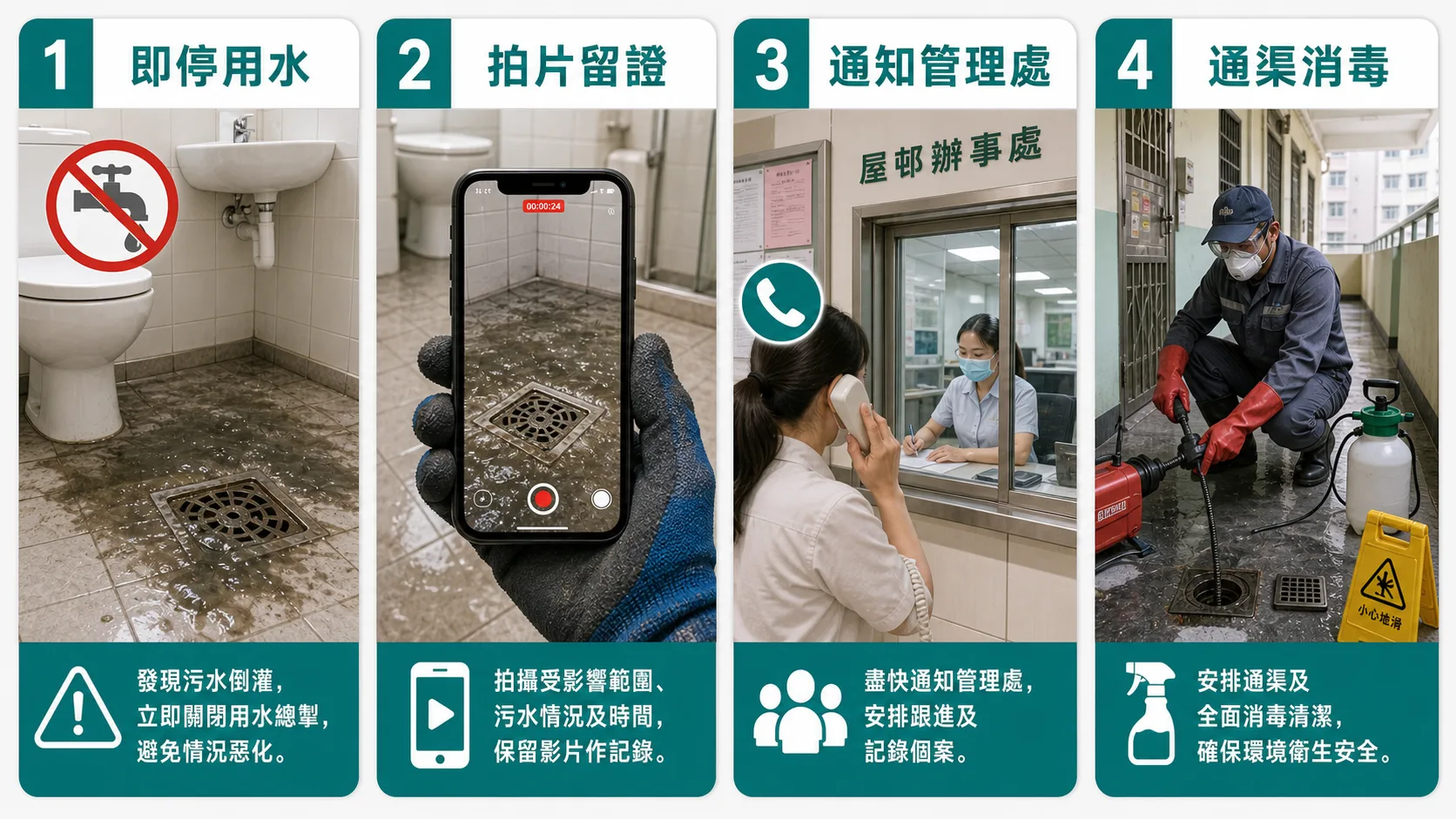 公屋低層污水倒灌即時處理:即停用水、拍片留證、通知管理處、通渠消毒