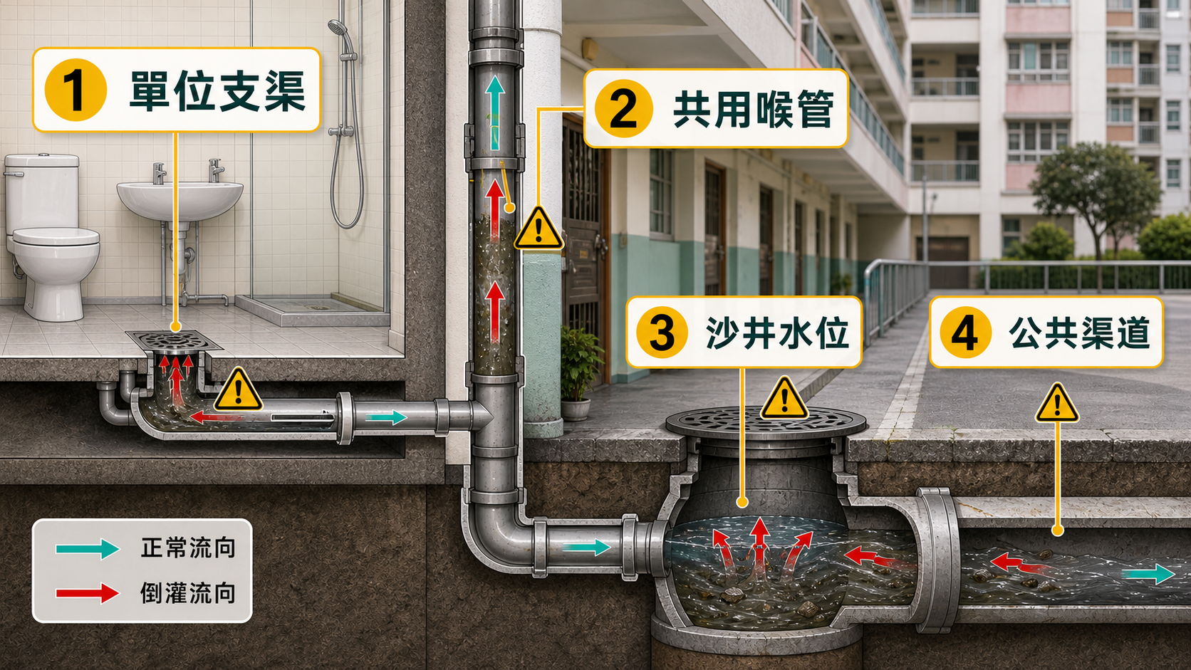 公屋低層污水倒灌源頭包括單位支渠、共用喉管、沙井水位和公共渠道
