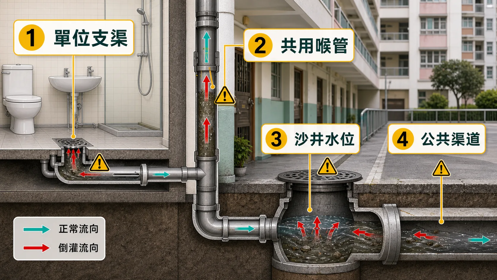 公屋低層污水倒灌源頭包括單位支渠、共用喉管、沙井水位和公共渠道