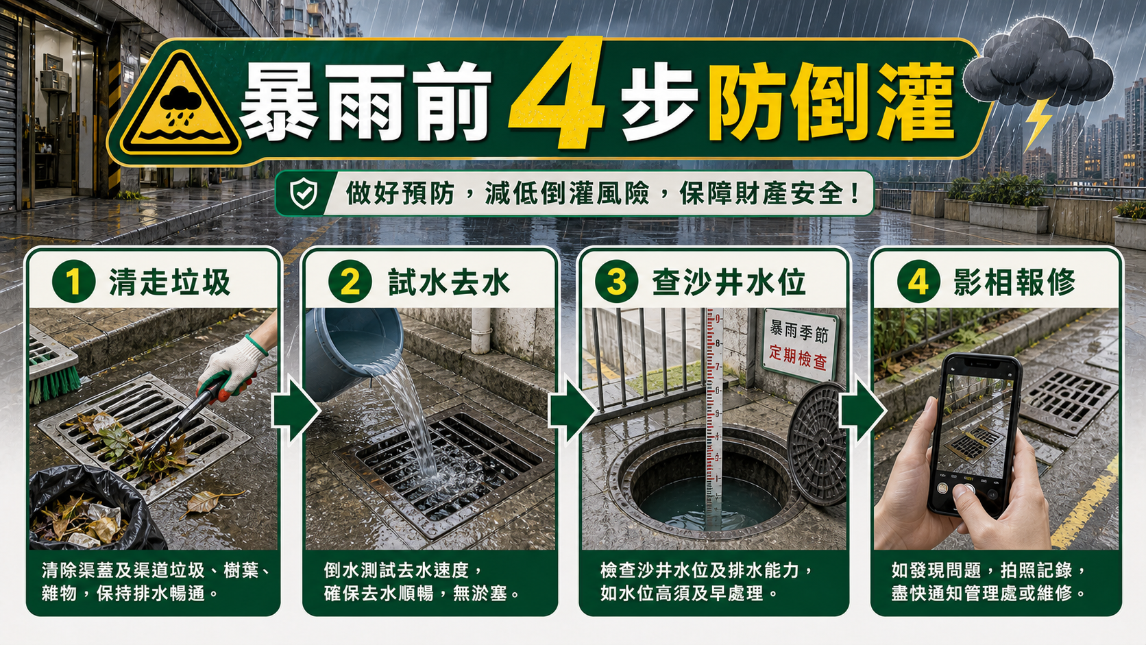 暴雨前四步防倒灌：清走垃圾、試水去水、查沙井水位、影相報修