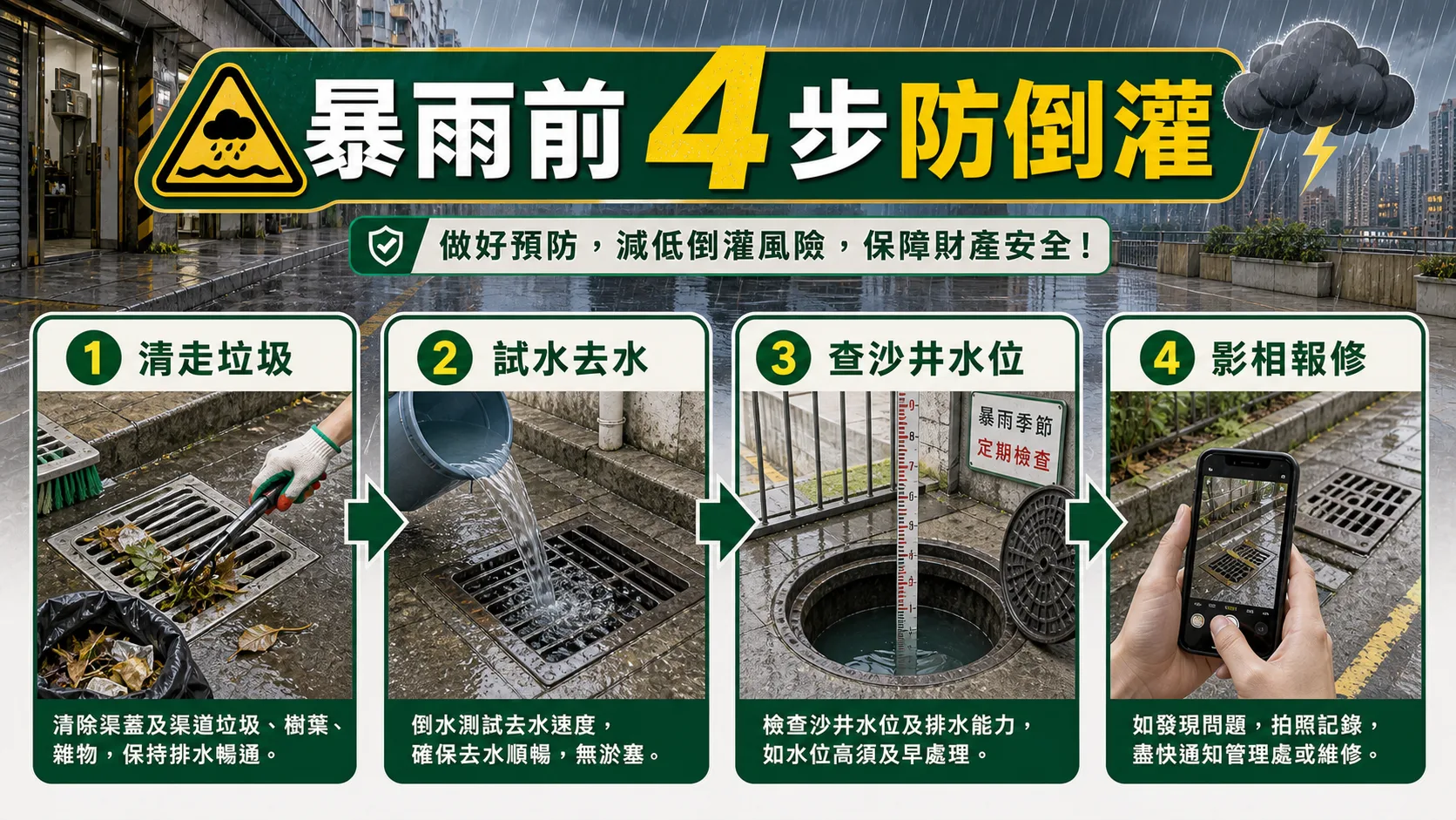 暴雨前四步防倒灌:清走垃圾、試水去水、查沙井水位、影相報修