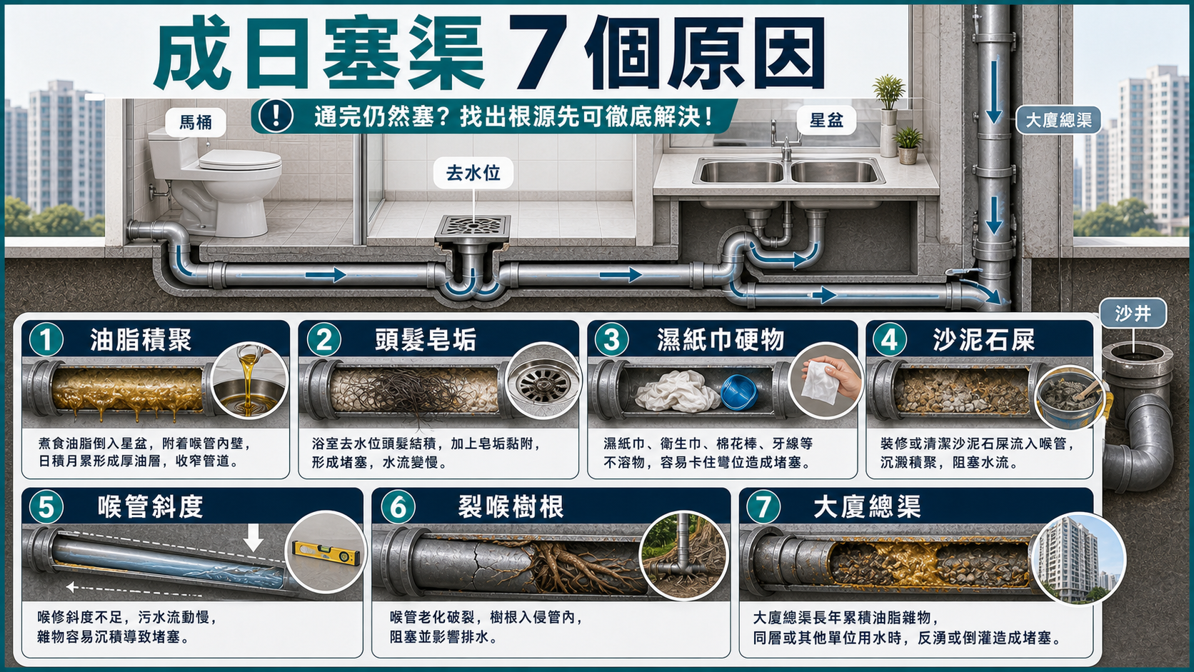 成日塞渠的七個原因包括油脂積聚、頭髮皂垢、濕紙巾硬物、沙泥石屎、喉管斜度、裂喉樹根和大廈總渠