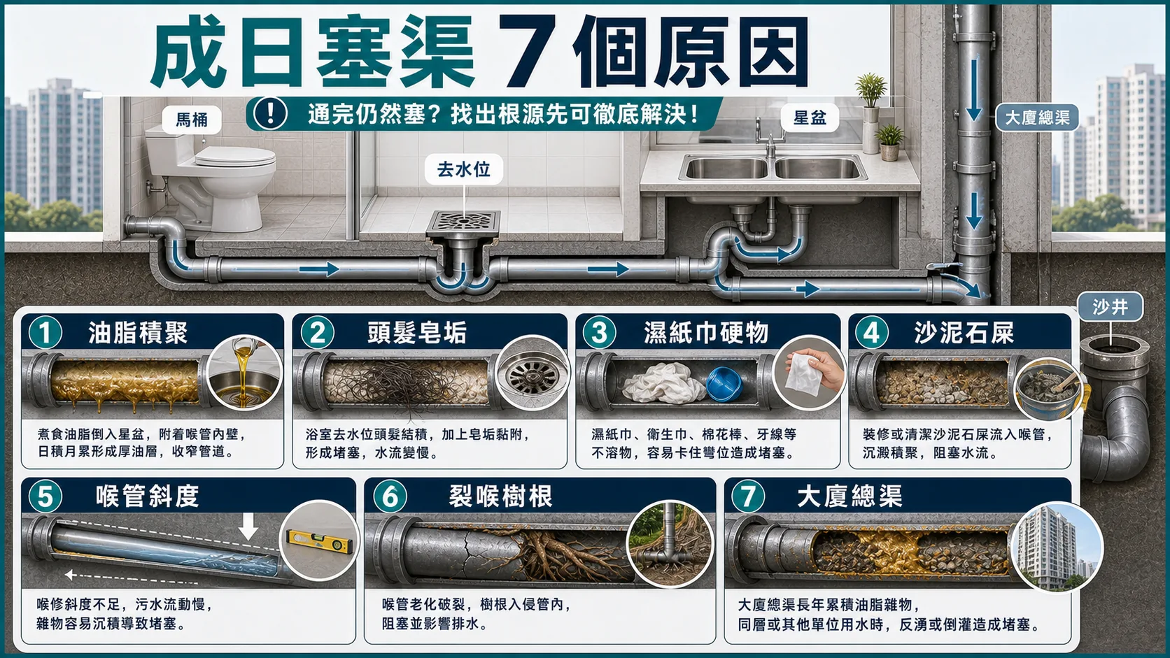 成日塞渠的七個原因包括油脂積聚、頭髮皂垢、濕紙巾硬物、沙泥石屎、喉管斜度、裂喉樹根和大廈總渠