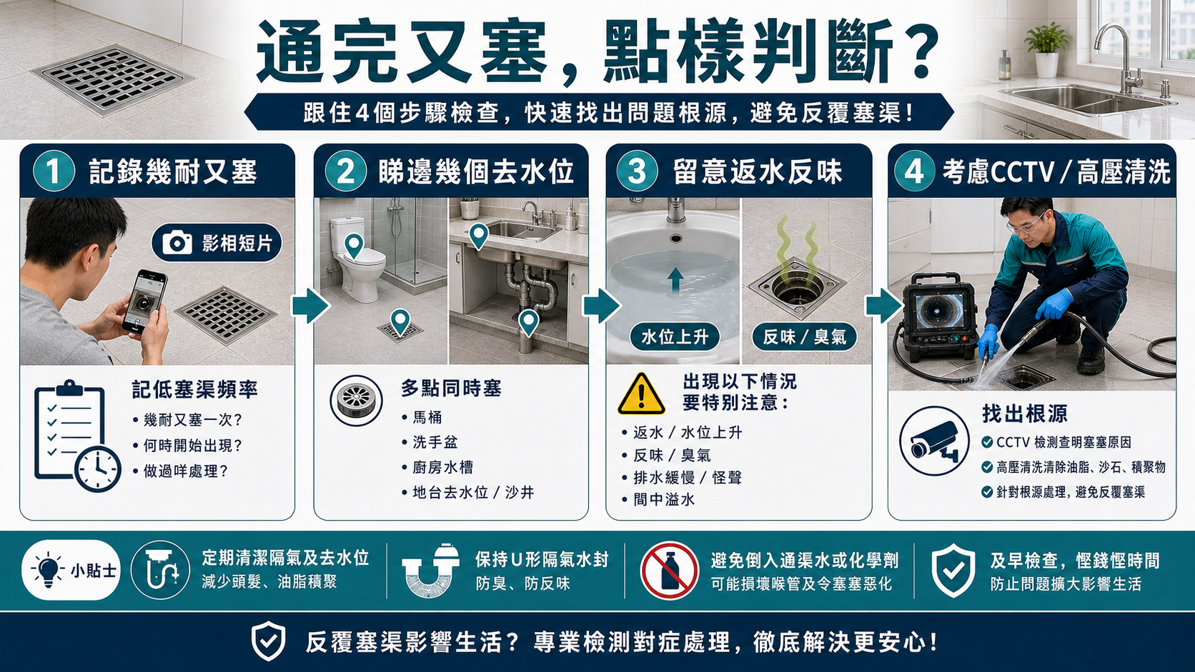 通完又塞的四步判斷：記錄幾耐又塞、睇邊幾個去水位、留意返水反味、考慮CCTV或高壓清洗