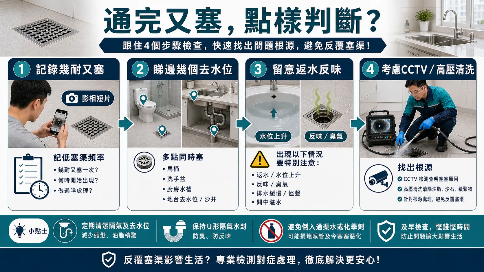 通完又塞的四步判斷:記錄幾耐又塞、睇邊幾個去水位、留意返水反味、考慮CCTV或高壓清洗