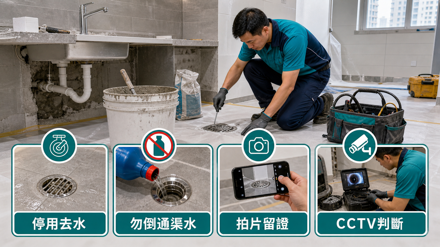 裝修後英泥塞渠處理四步:停用去水、勿倒通渠水、拍片留證、CCTV 判斷