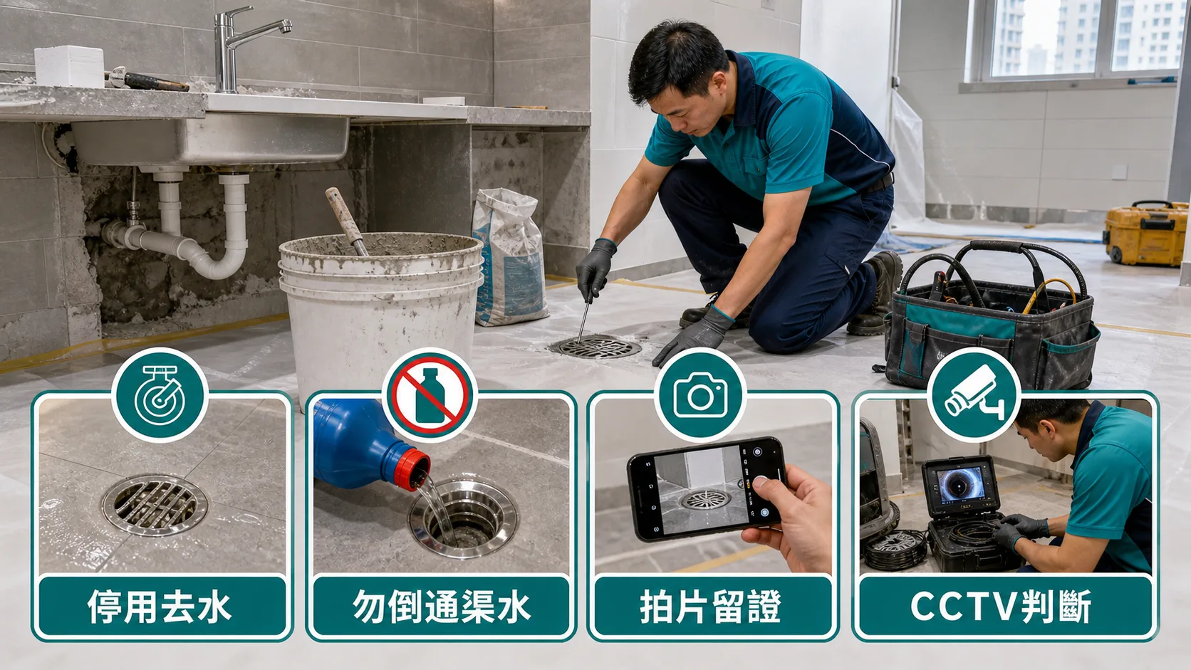 裝修後英泥塞渠處理四步:停用去水、勿倒通渠水、拍片留證、CCTV 判斷