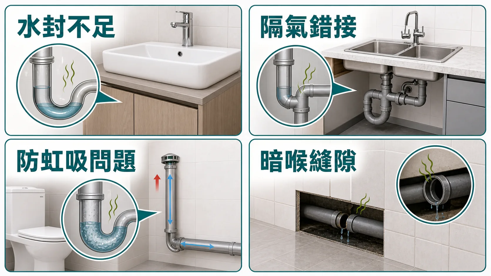 裝修後渠味常見原因:水封不足、隔氣錯接、防虹吸問題、暗喉縫隙