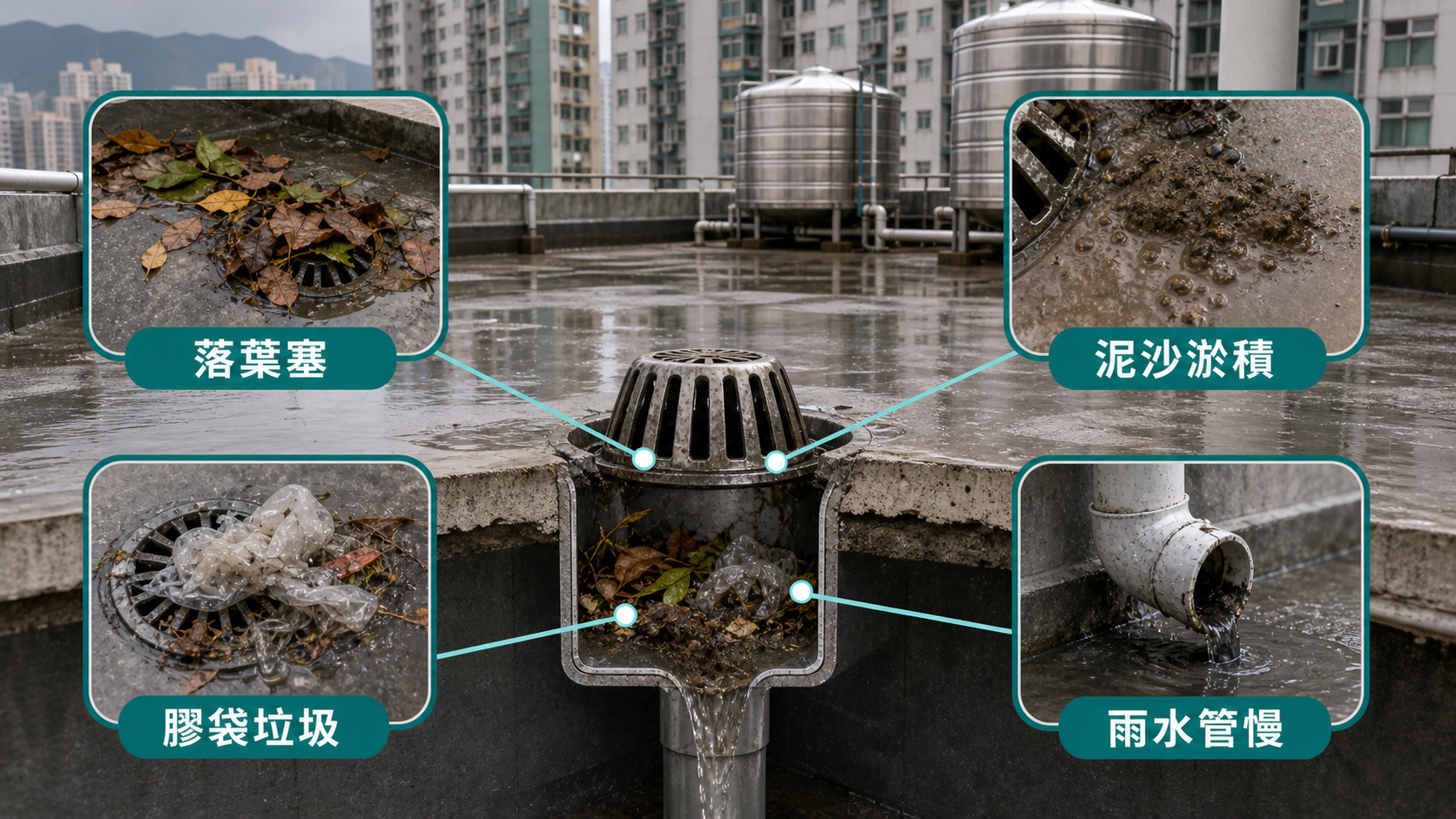 天台去水口塞四個常見原因:落葉塞、泥沙淤積、膠袋垃圾、雨水管慢