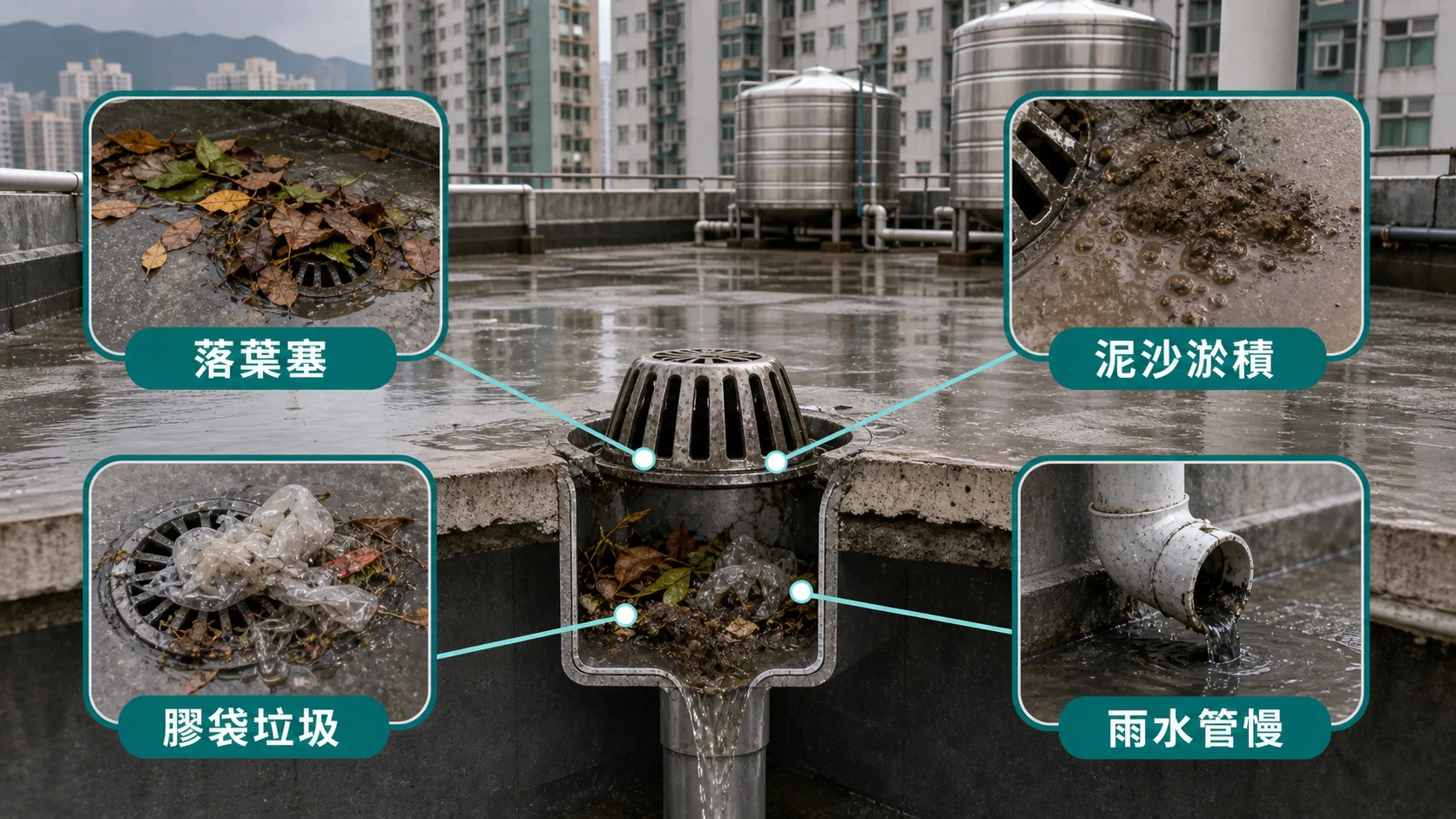 天台去水口塞四個常見原因：落葉塞、泥沙淤積、膠袋垃圾、雨水管慢