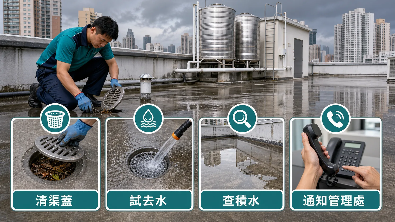 天台去水口暴雨前檢查四步：清渠蓋、試去水、查積水、通知管理處