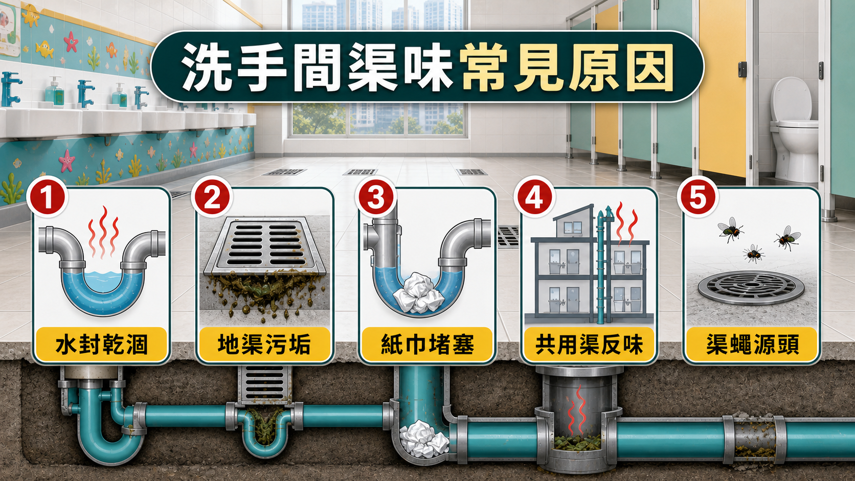 學校幼稚園洗手間渠味常見原因:水封乾涸、地渠污垢、紙巾堵塞、共用渠反味和渠蠅