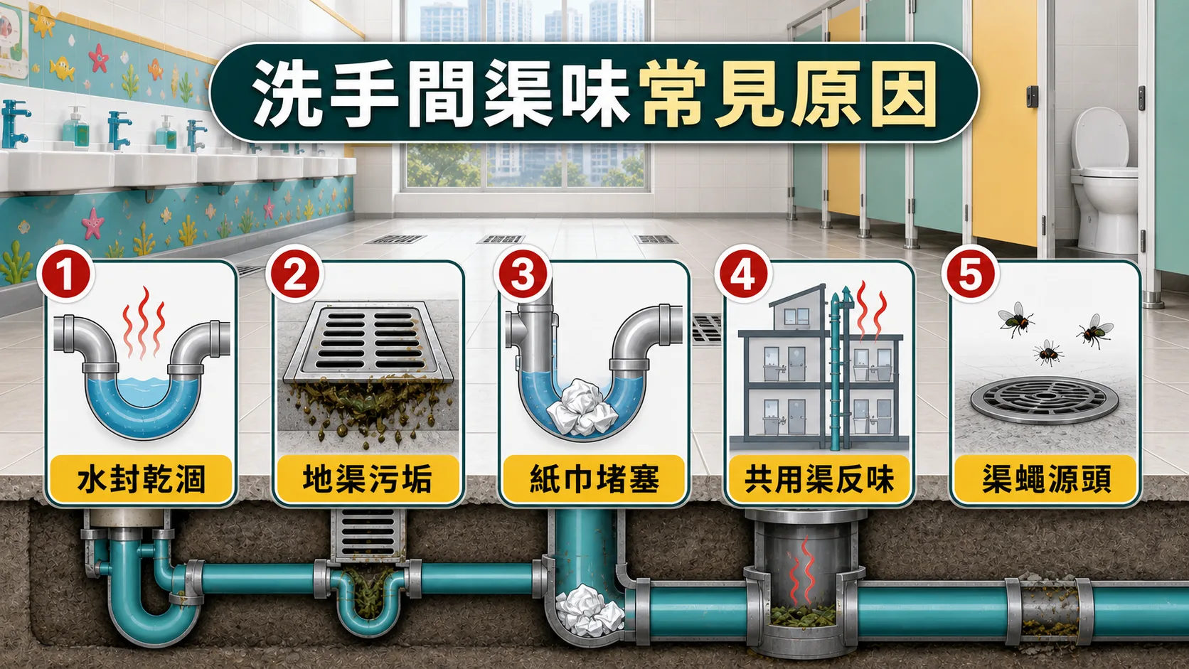 學校幼稚園洗手間渠味常見原因:水封乾涸、地渠污垢、紙巾堵塞、共用渠反味和渠蠅
