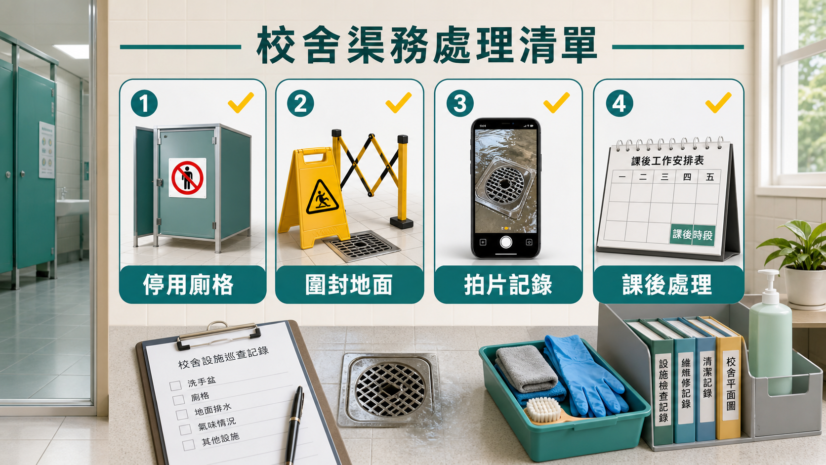 學校洗手間渠味處理清單:停用廁格、圍封地面、拍片記錄、安排課後通渠消毒