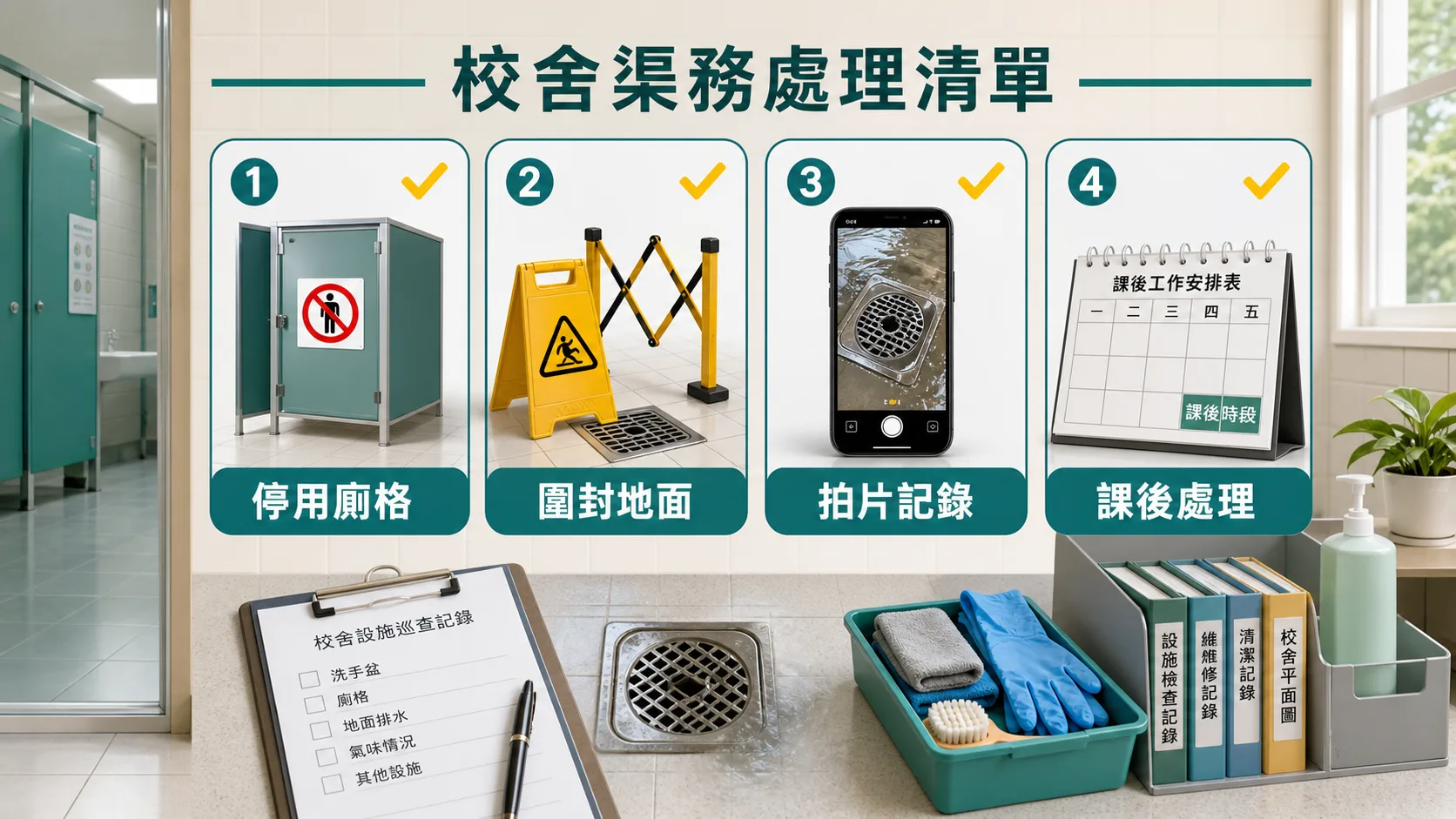學校洗手間渠味處理清單:停用廁格、圍封地面、拍片記錄、安排課後通渠消毒