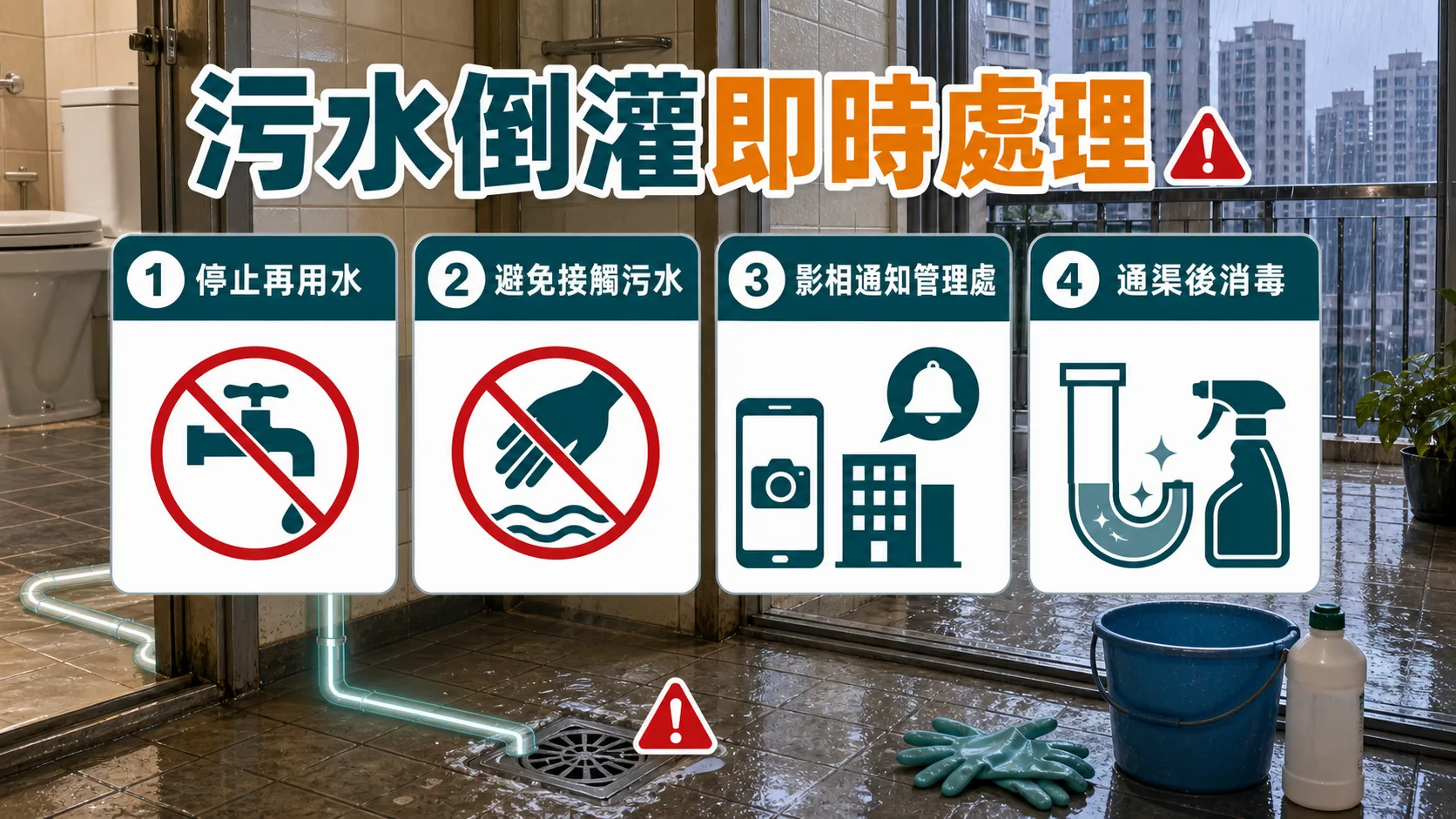 污水倒灌即時處理包括停止再用水、避免接觸污水、影相通知管理處、通渠後消毒