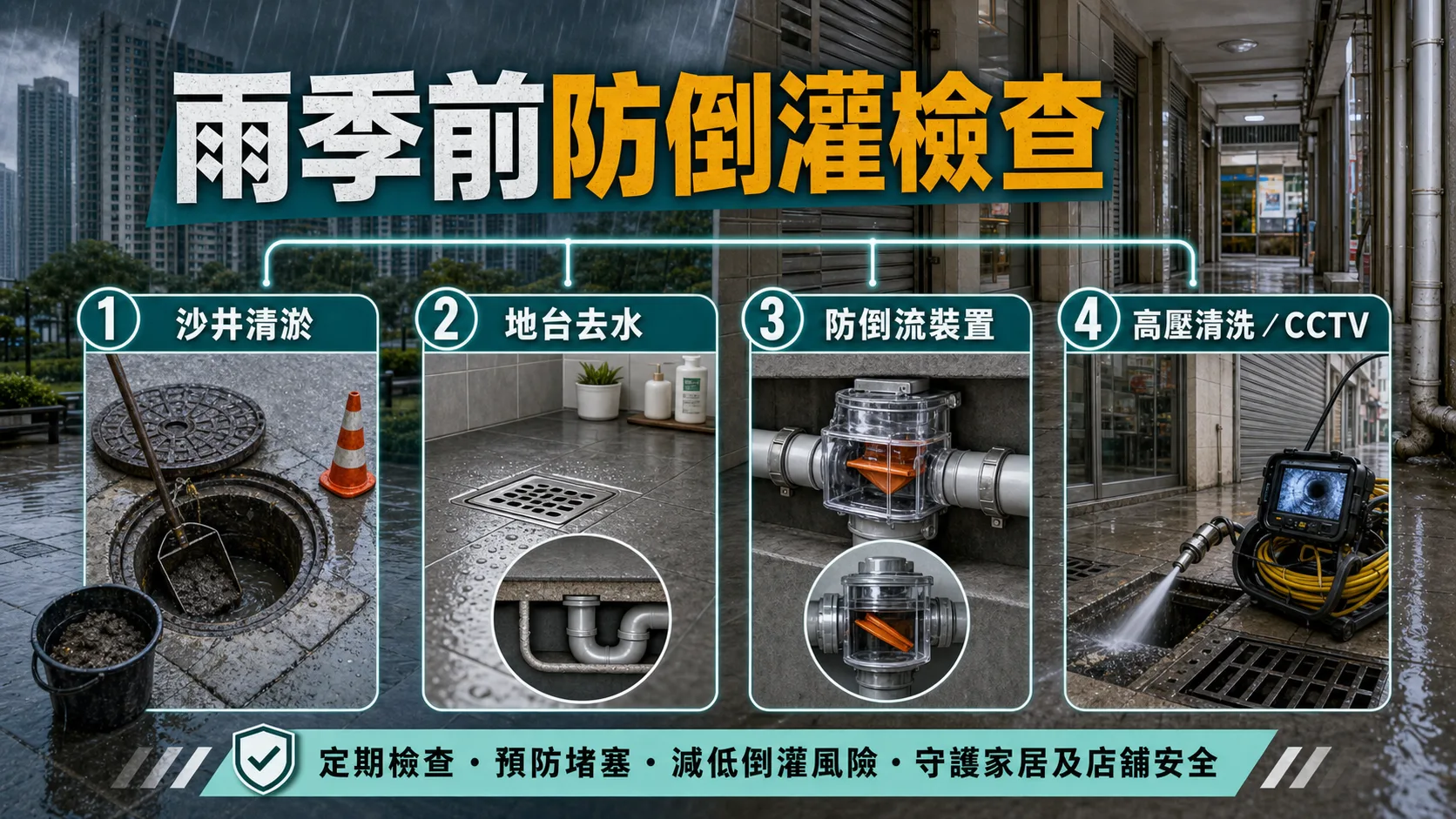 雨季前防倒灌檢查包括沙井清淤、地台去水、防倒流裝置、高壓清洗或CCTV