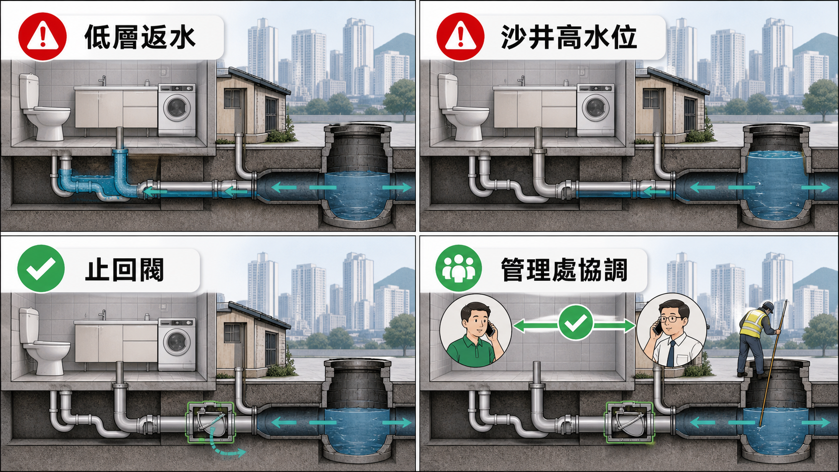 低層返水、沙井高水位、止回閥和管理處協調的污水倒灌預防情況
