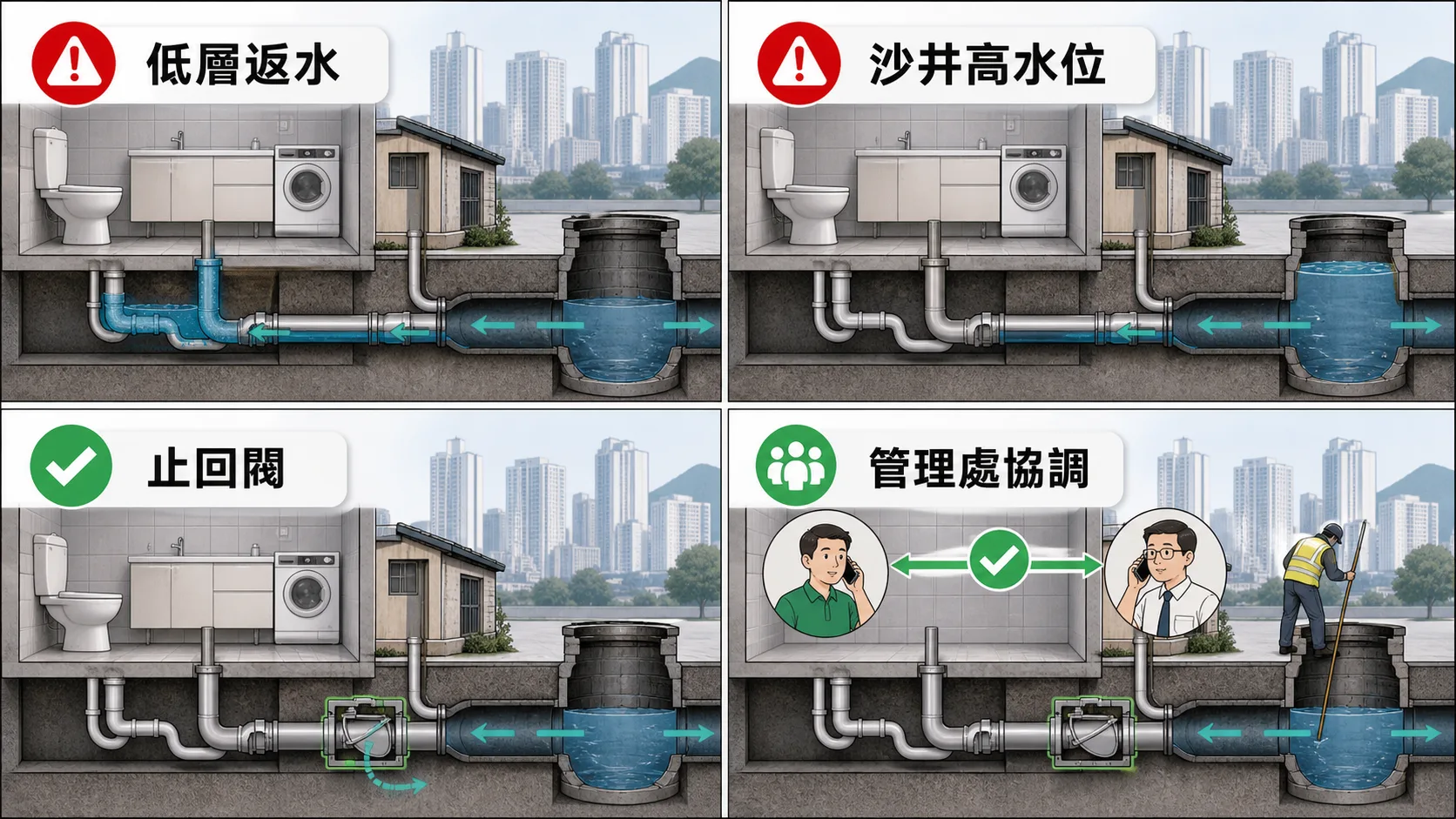 低層返水、沙井高水位、止回閥和管理處協調的污水倒灌預防情況