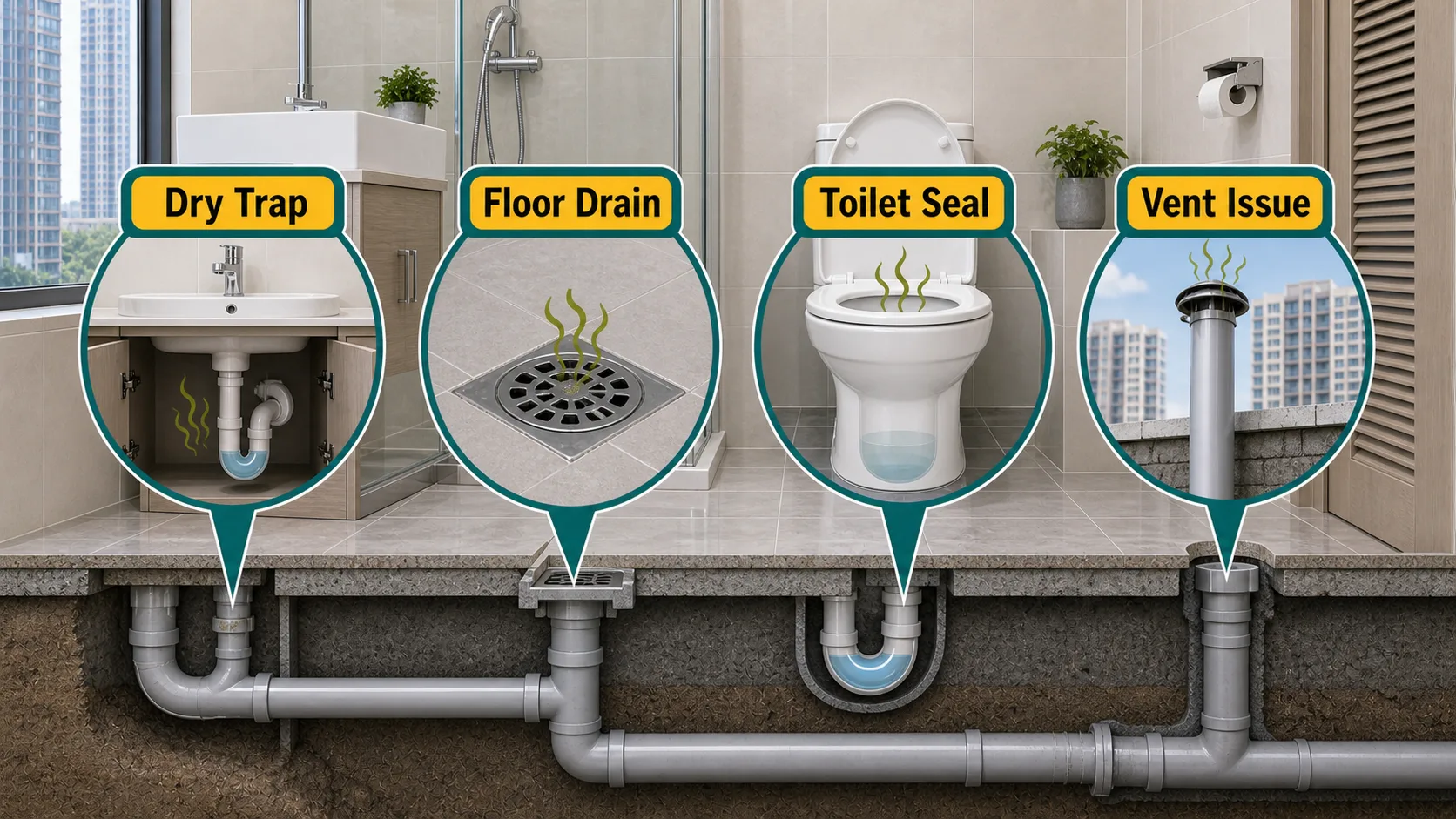 Common sewer smell sources in a Hong Kong bathroom: dry trap, floor drain, toilet seal, and vent issue