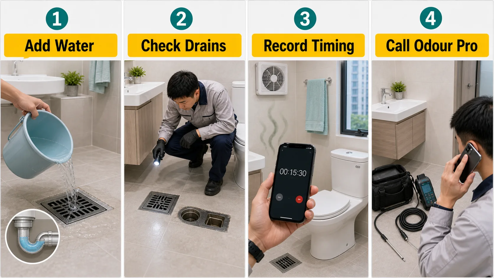 Sewer smell troubleshooting steps: add water, check drains, record timing, call odour pro