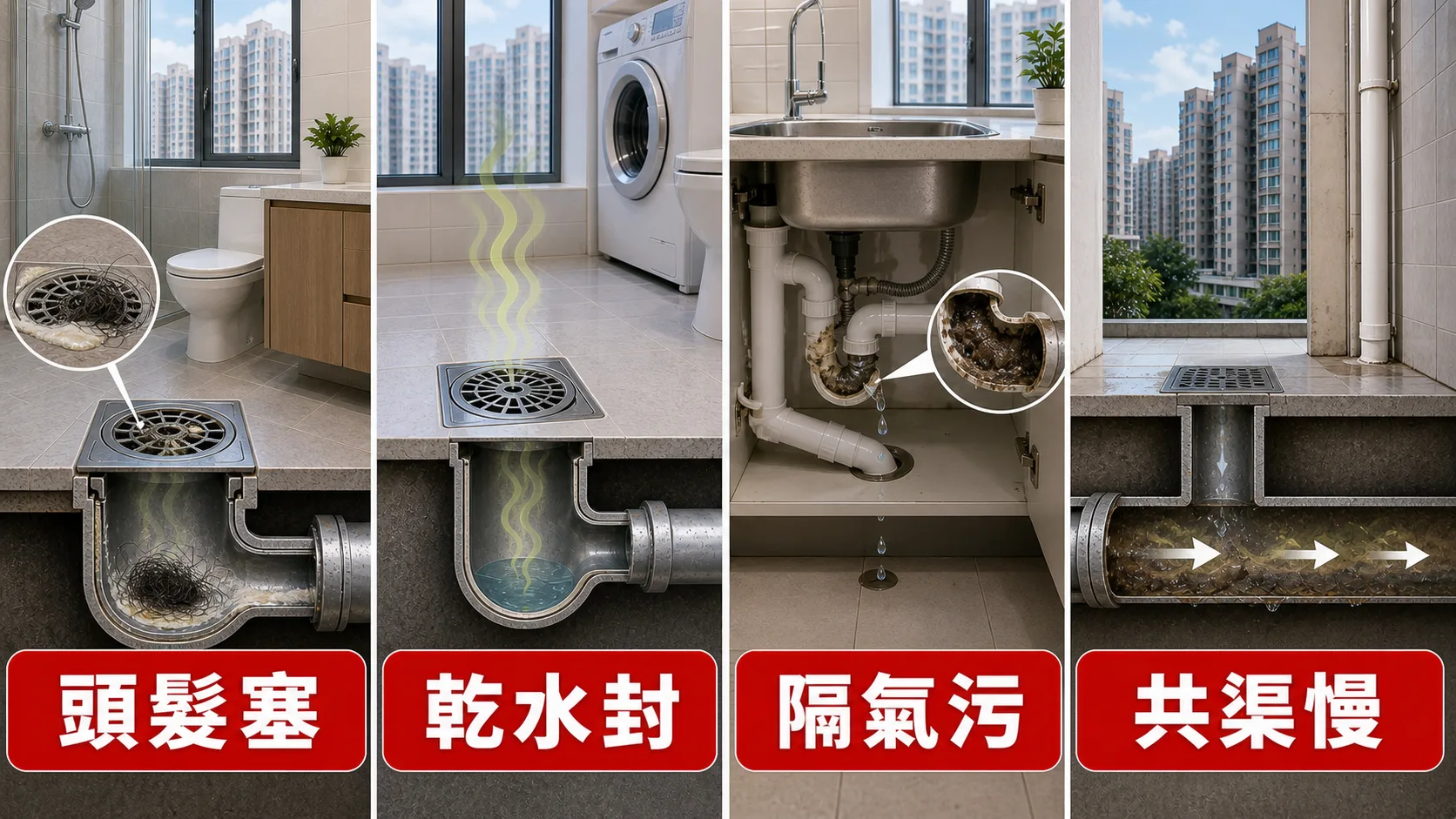 沙田屋苑去水慢和渠味四個常見原因:頭髮塞、乾水封、隔氣污、共渠慢