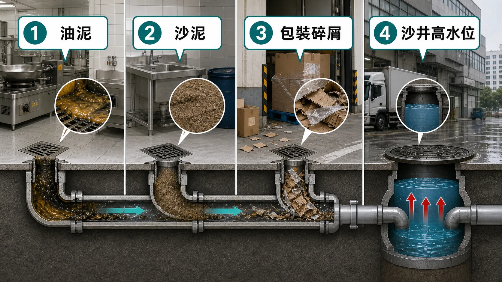 火炭沙田工廈渠塞常見原因包括油泥、沙泥、包裝碎屑和沙井高水位