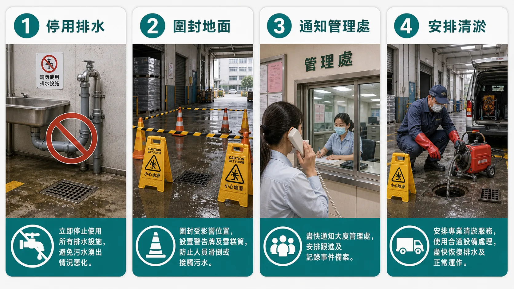 火炭工廈渠塞處理步驟包括停用排水、圍封地面、通知管理處和安排清淤