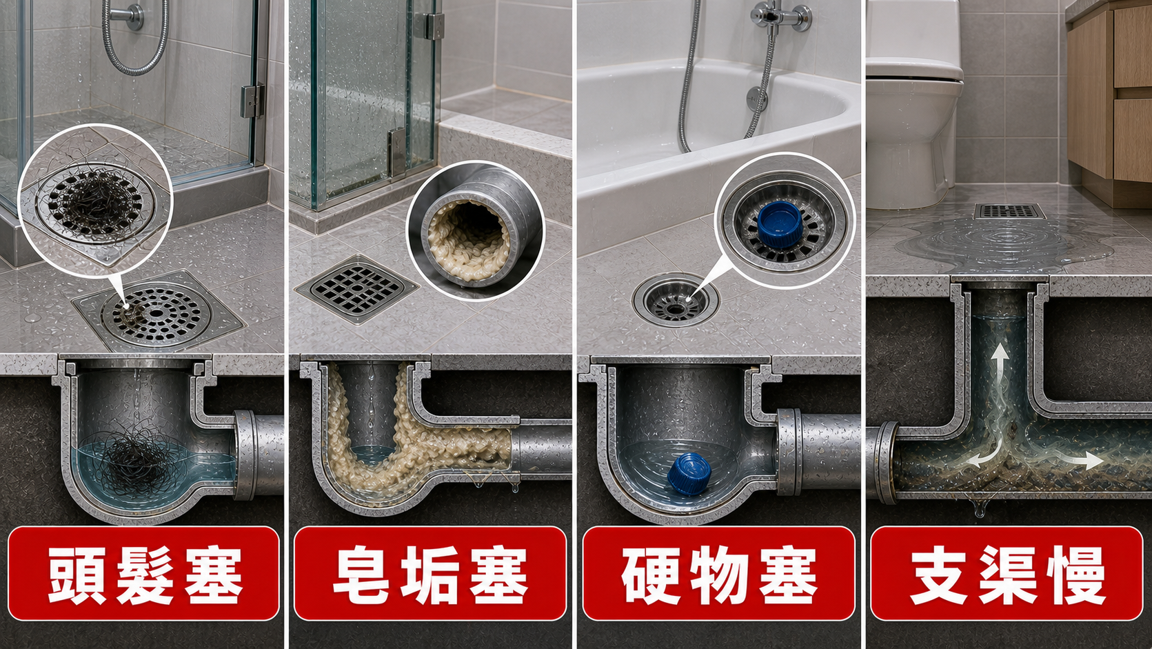 企缸和浴缸去水塞四個常見原因:頭髮塞、皂垢塞、硬物塞、支渠慢