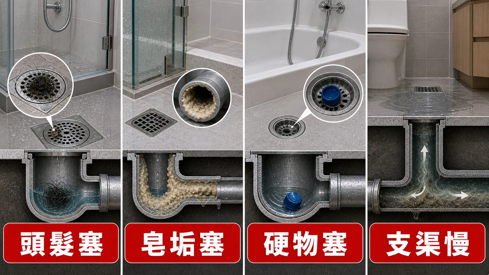企缸和浴缸去水塞四個常見原因:頭髮塞、皂垢塞、硬物塞、支渠慢