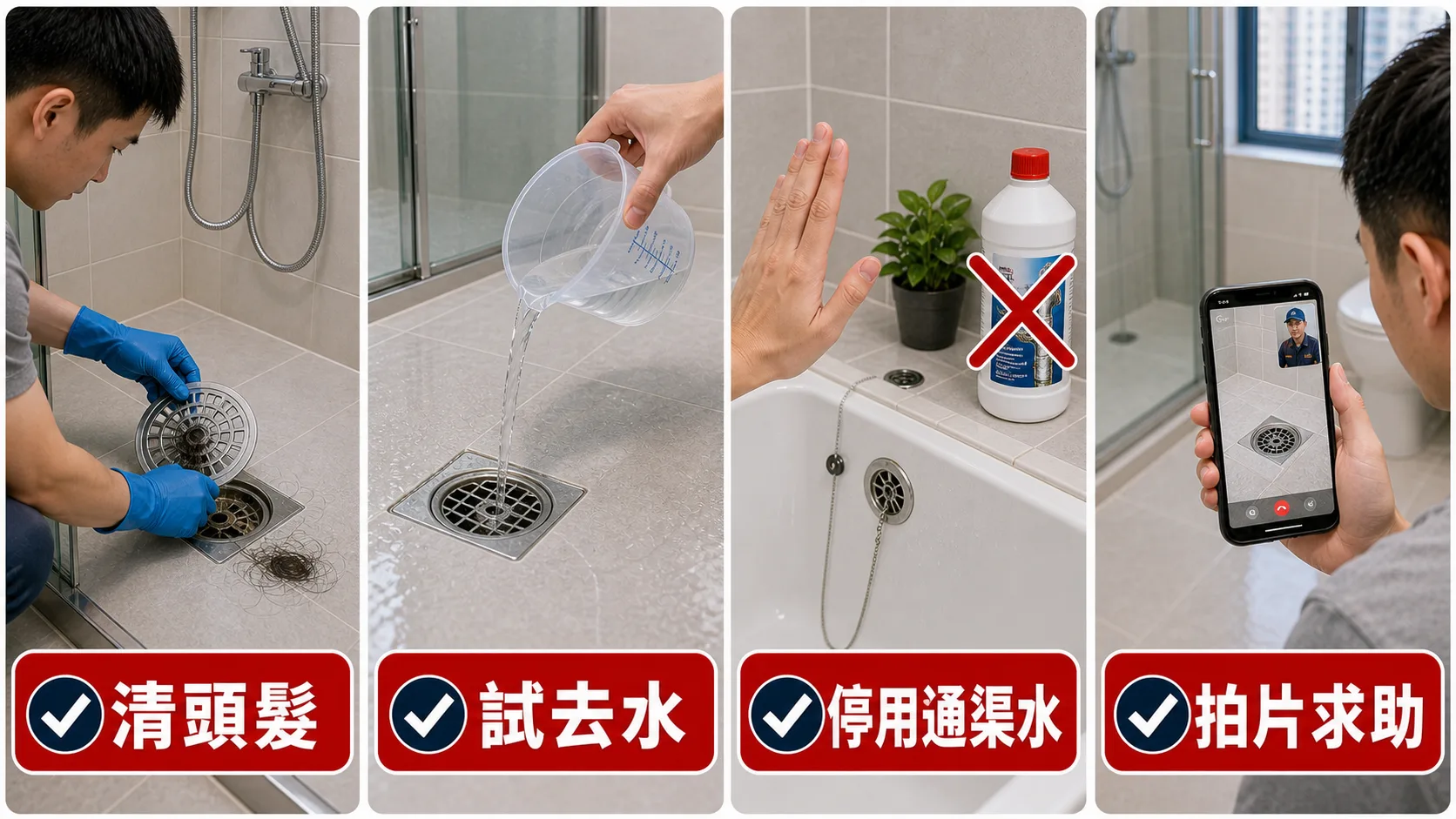 企缸浴缸去水塞處理四步:清頭髮、試去水、停用通渠水、拍片求助