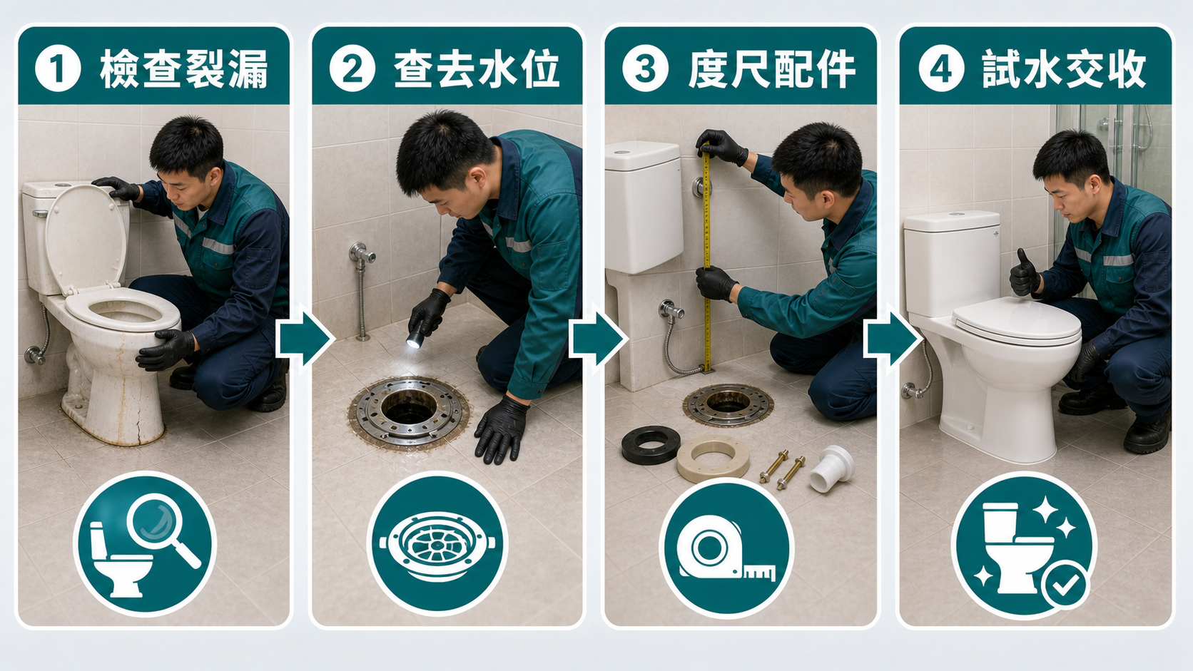 換座廁前檢查流程：檢查裂漏、查去水位、度尺配件、試水交收