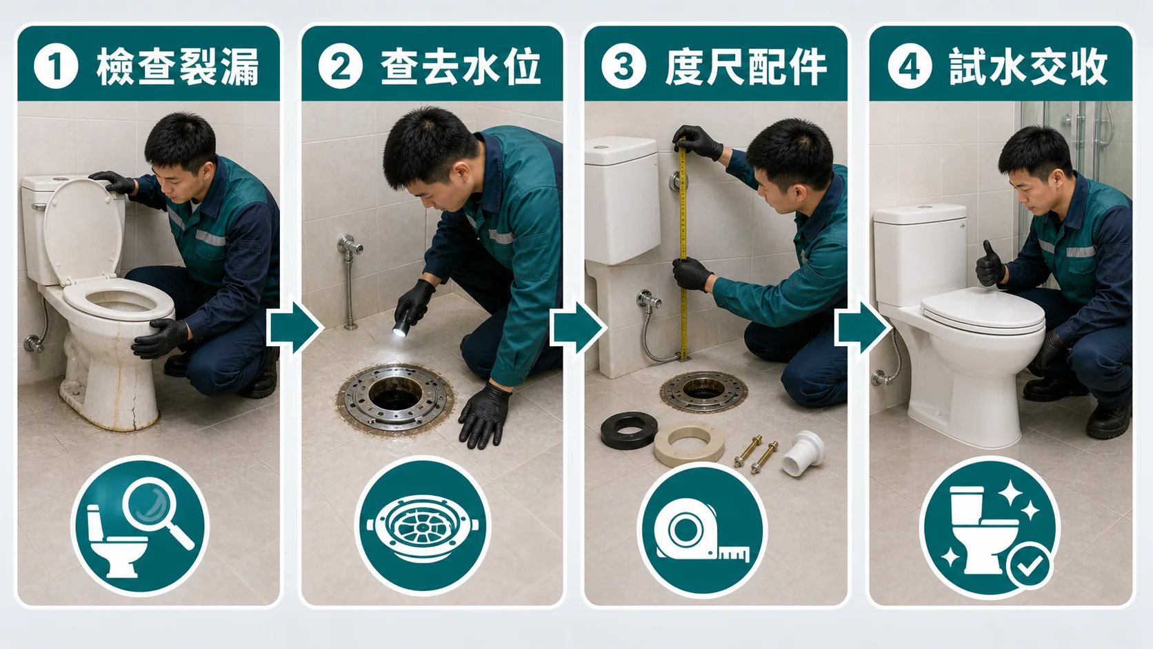 換座廁前檢查流程：檢查裂漏、查去水位、度尺配件、試水交收