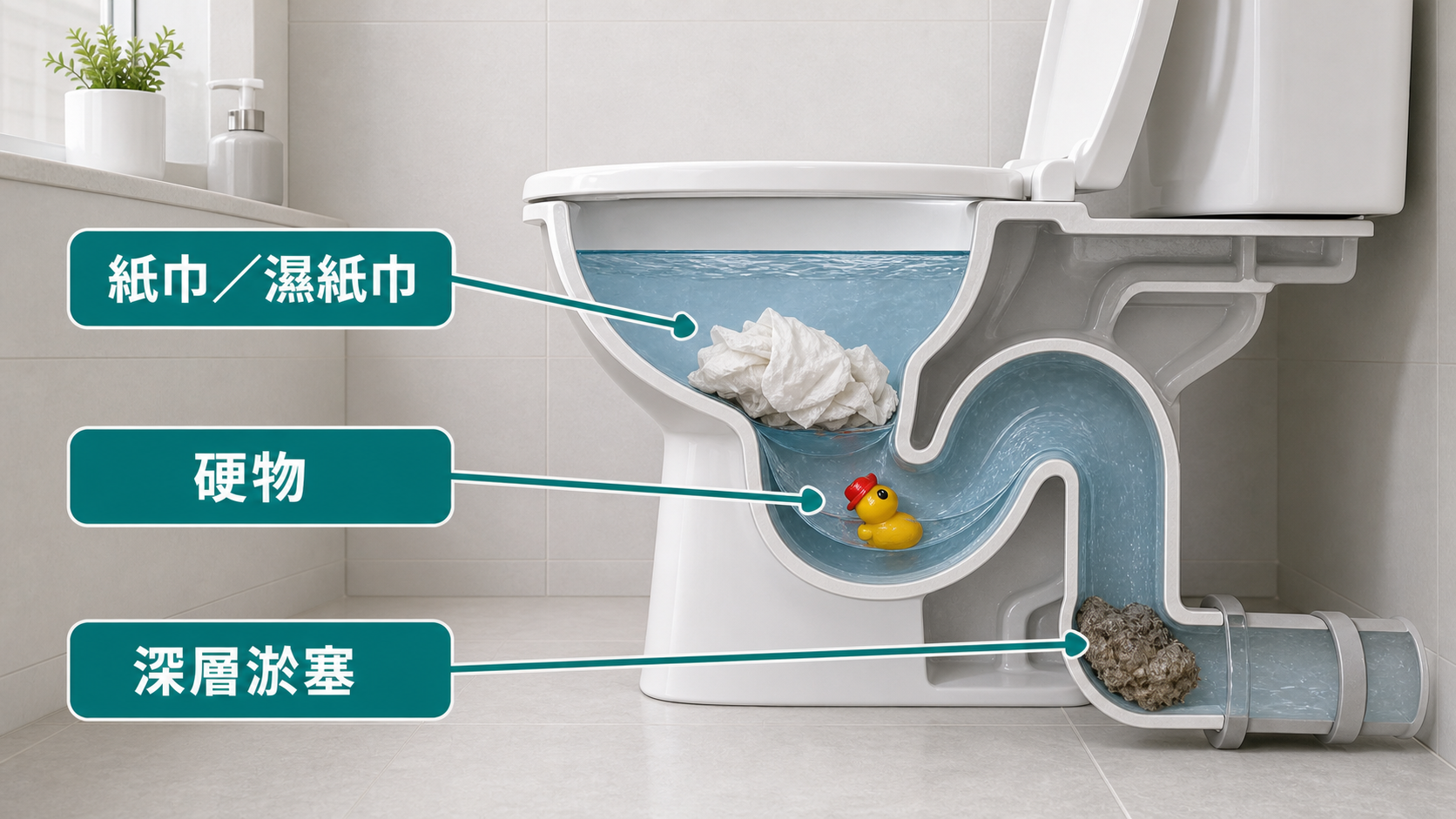 座廁沖水後水位升高的常見原因：紙巾濕紙巾、硬物、深層淤塞