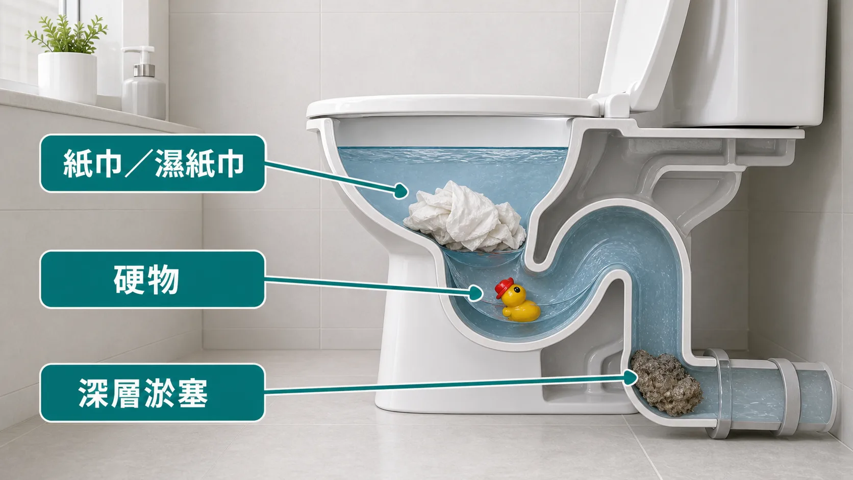 座廁沖水後水位升高的常見原因:紙巾濕紙巾、硬物、深層淤塞